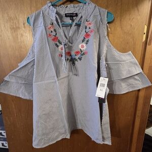 Floral Embroidered Striped Blouse - Blue and White